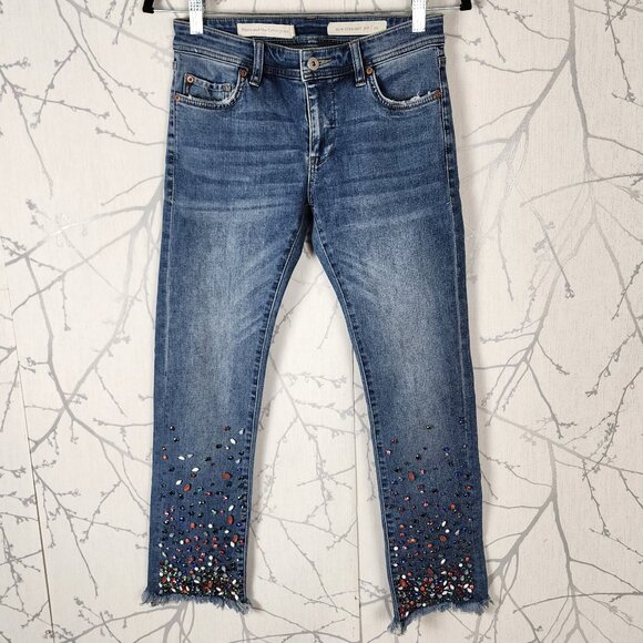 Pilcro & The Letterpress Mid Rise Jewel Hem Slim Straight Ankle Jeans - Picture 2 of 10